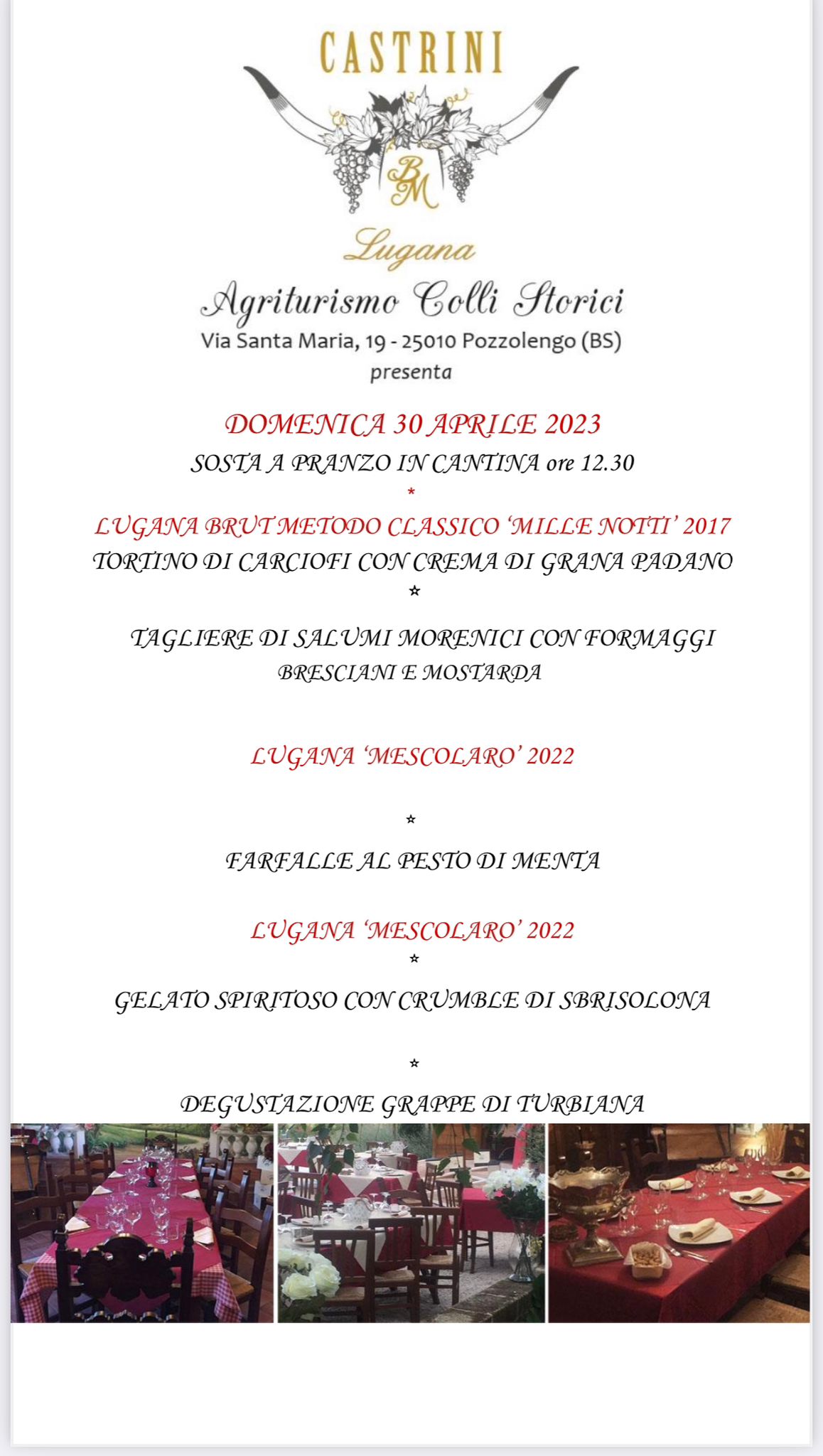 Sonntag, 30. April: Ein Tipp für Feinschmecker und darüber hinaus Agriturismo Colli Storici - 30. April 12.30 Uhr