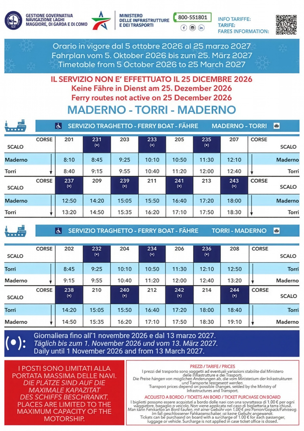Navigarda: Ab 5. Oktober gilt der Winterfahrplan der Schifffahrt Ferry Torri- Maderno-Torri