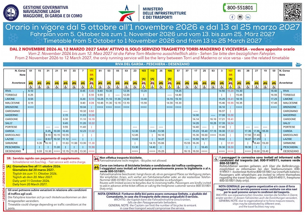Navigarda: Ab 5. Oktober gilt der Winterfahrplan der Schifffahrt Navigarda - Schifffahrt Riva-Desenzano